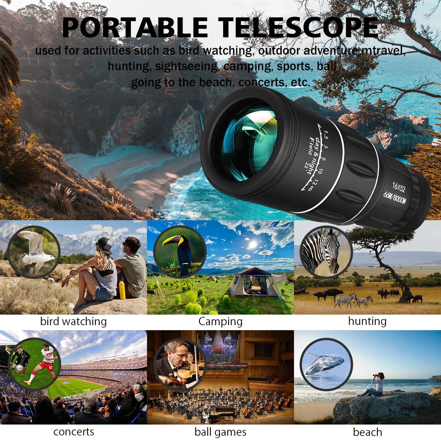 MONOCULAR 16×52 TELESCÓPIO ÓPTICO DE DUPLA FOCALIZAÇÃO MANUAL